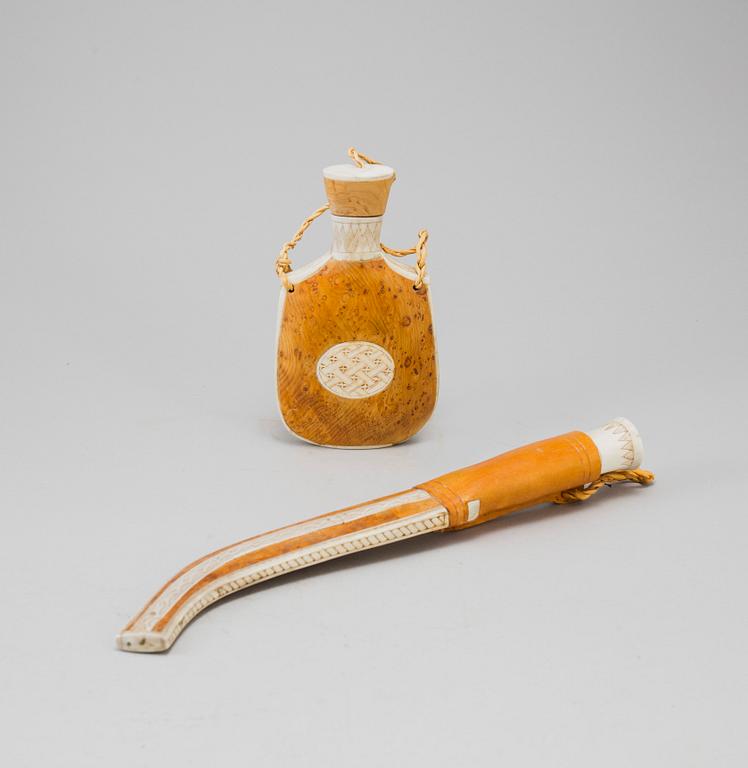 A Sami knife and bottle, Knut Dahlgren, Arvidsjaur, signed KD, second half of the 20th Century.