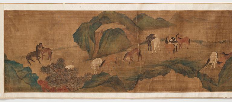 A long scroll painting after Zhao Yong (Zhao Zhongmu 1289-1369), ink and colour on paper and on silk, Qing dynasty.