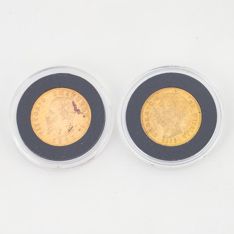 Two Italian 20 Lire gold coins, 1863 & 1888.