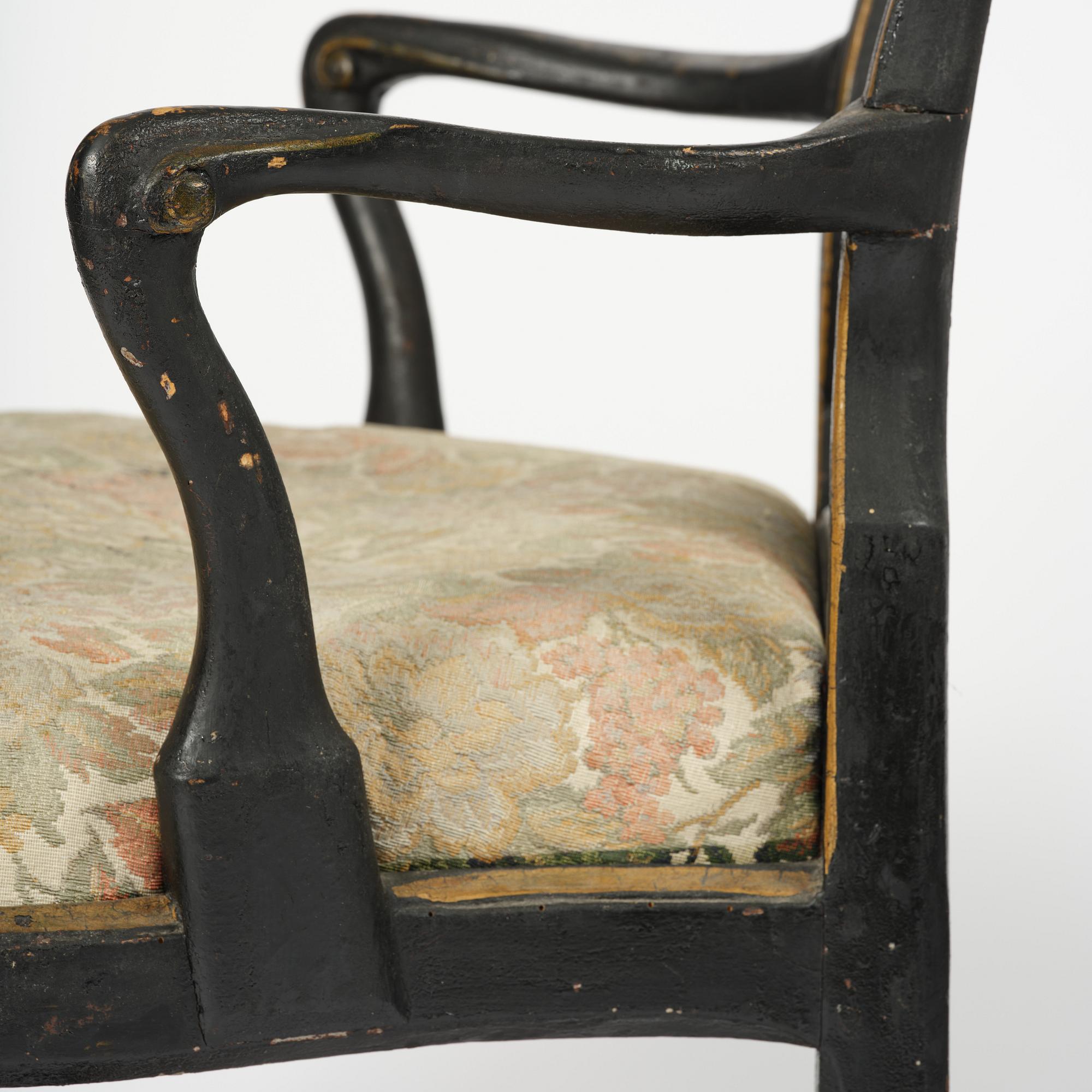 A pair of japanned Swedish rococo armchairs, Stockholm, later part 18th century.