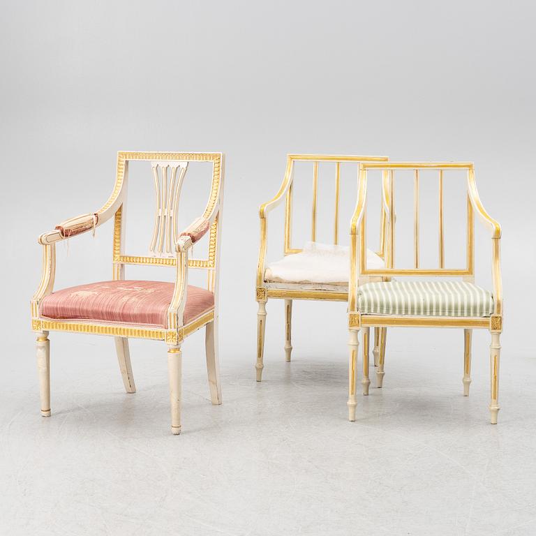 Karmstolar, 2+1 st, sengustavianska, omkring år 1800.