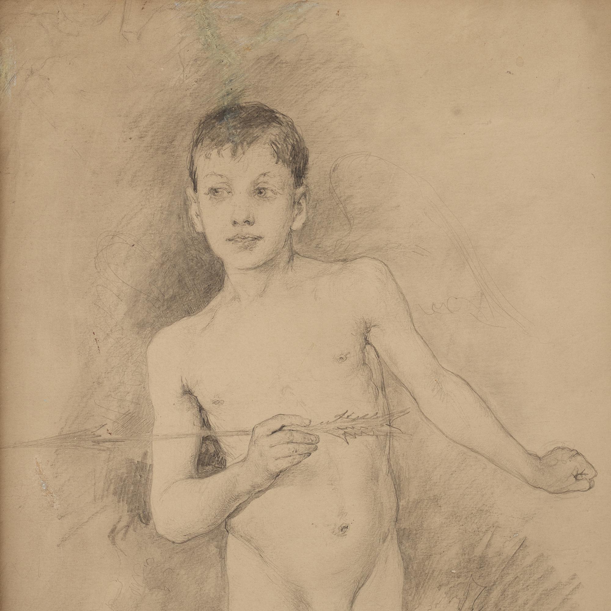 CARL LARSSON, blyerts, signerad Carl Larsson och daterad Juni 1876. "Stående naken gosse med pil i handen".
