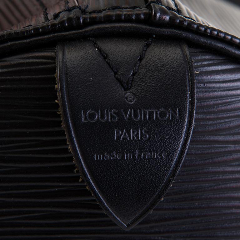 LOUIS VUITTON BLACK EPI LEATHER KEEPALL 55 TRAVEL BAG.