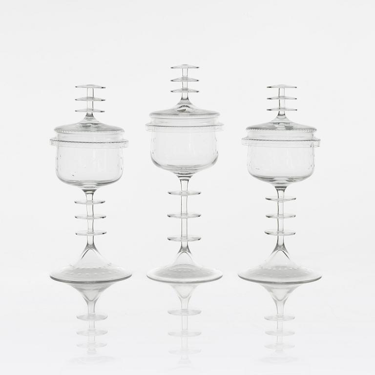 Nils Landberg, three lidded glass cups, Sandviks, Sweden, 1960's.