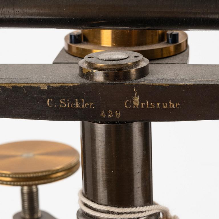 C. Sickler, balancing instrument on a wooden tripod stand, model 428, Carlsruhe, Germany.