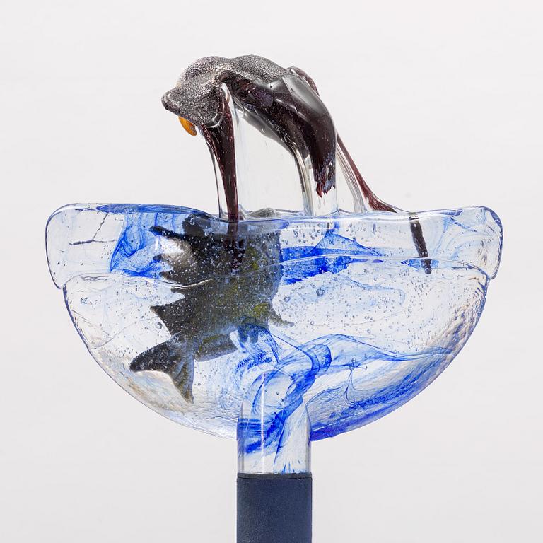 Kjell Engman, glass sculpture, seagull and fish in waves, Kosta Boda.