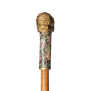 A Chinese bamboo walking cane with a cloisonné handle, late Qing dynasty/early 20th Century.