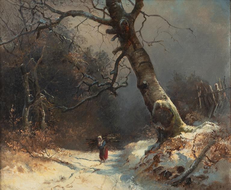 Okänd konstnär, 1800-tal, Vinterlandskap med vedbärande kvinna.