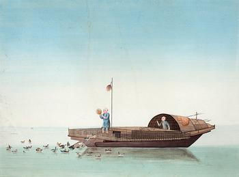 A set of four watercolours by anonymous Chinese artist, representing "Chinese Djonks and Sampans, Ships and Boats forwarded to Stockholm from Canton in the year 1784, by the Swedish Ship Gustavus the Third", Qianlong, circa 1783.