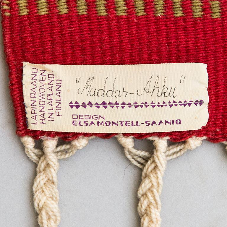 Elsa Montell-Saanio, A Raanu "Maddar Ahku" textile from Lapland designed by Elsa Montell-Saanio. Circa 132x90 cm.