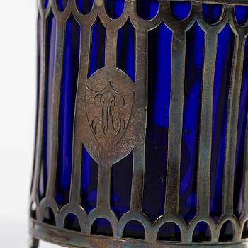 Two silver salt cellars, and a mustard pot, French hallmarks, late 18th Century.