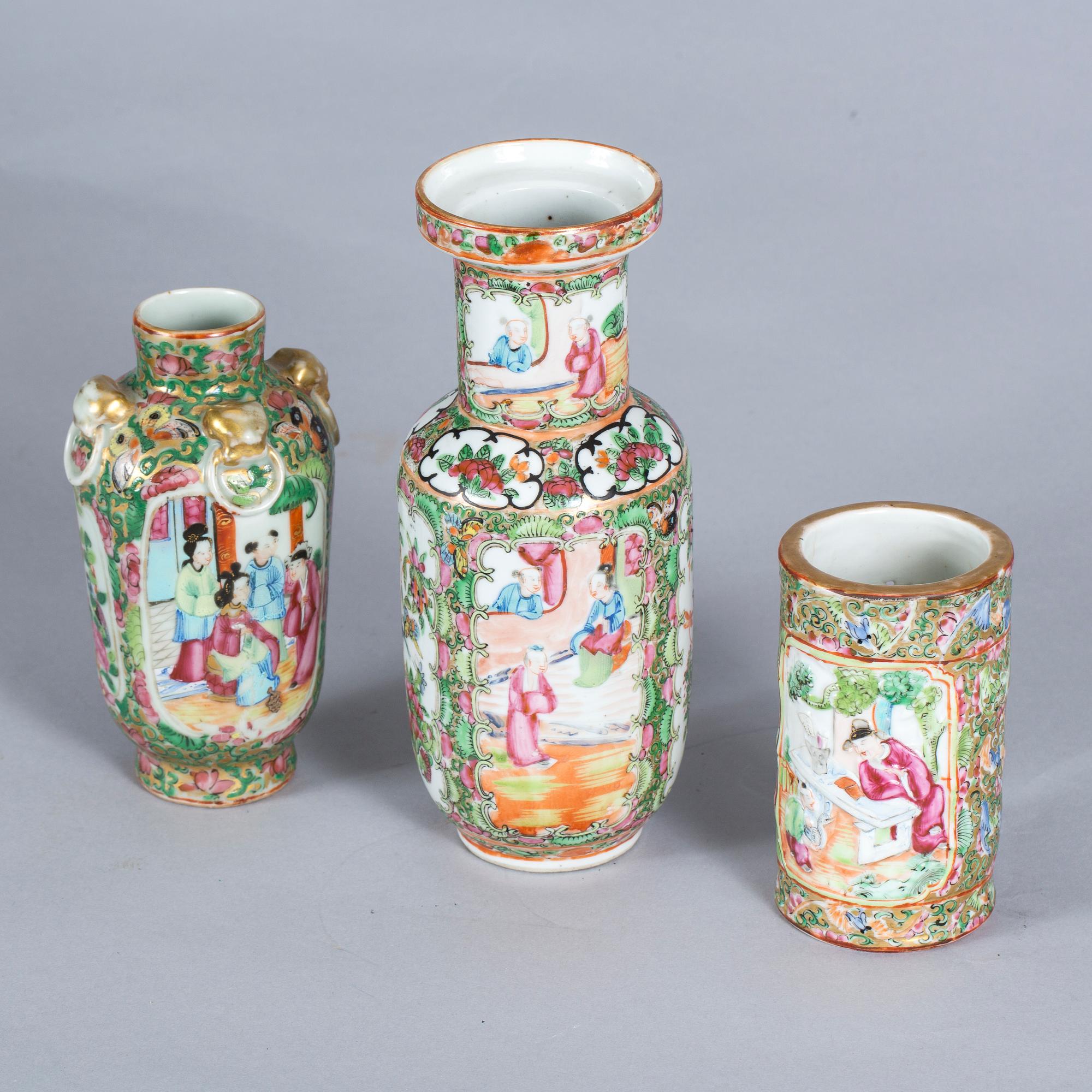 VASER, 3 st, porslin, Kanton, 1800-tal.