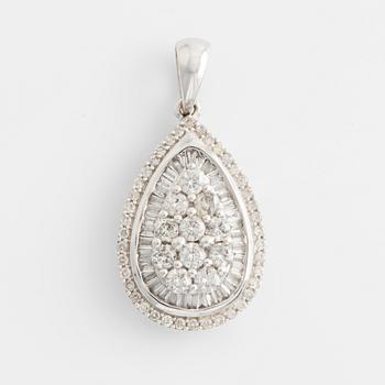 Pendant, drop-shaped, white gold with baguette and brilliant-cut diamonds.