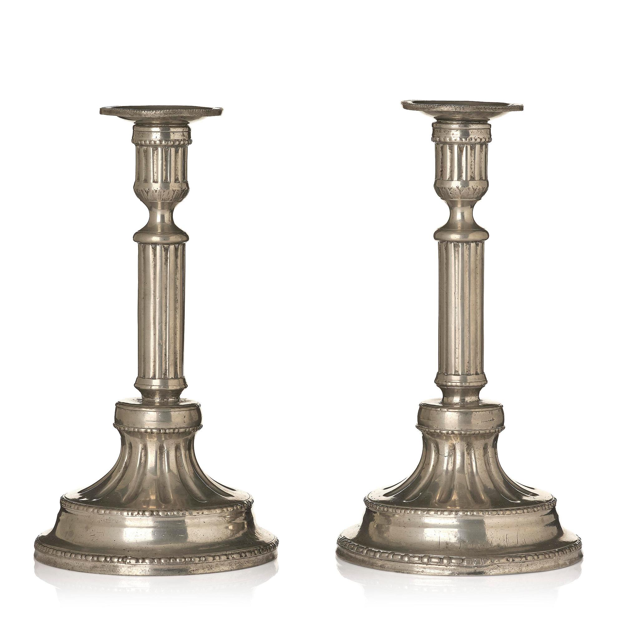 A pair of Gustavian pewter candlesticks by P. Gillman, Stockholm 1786.