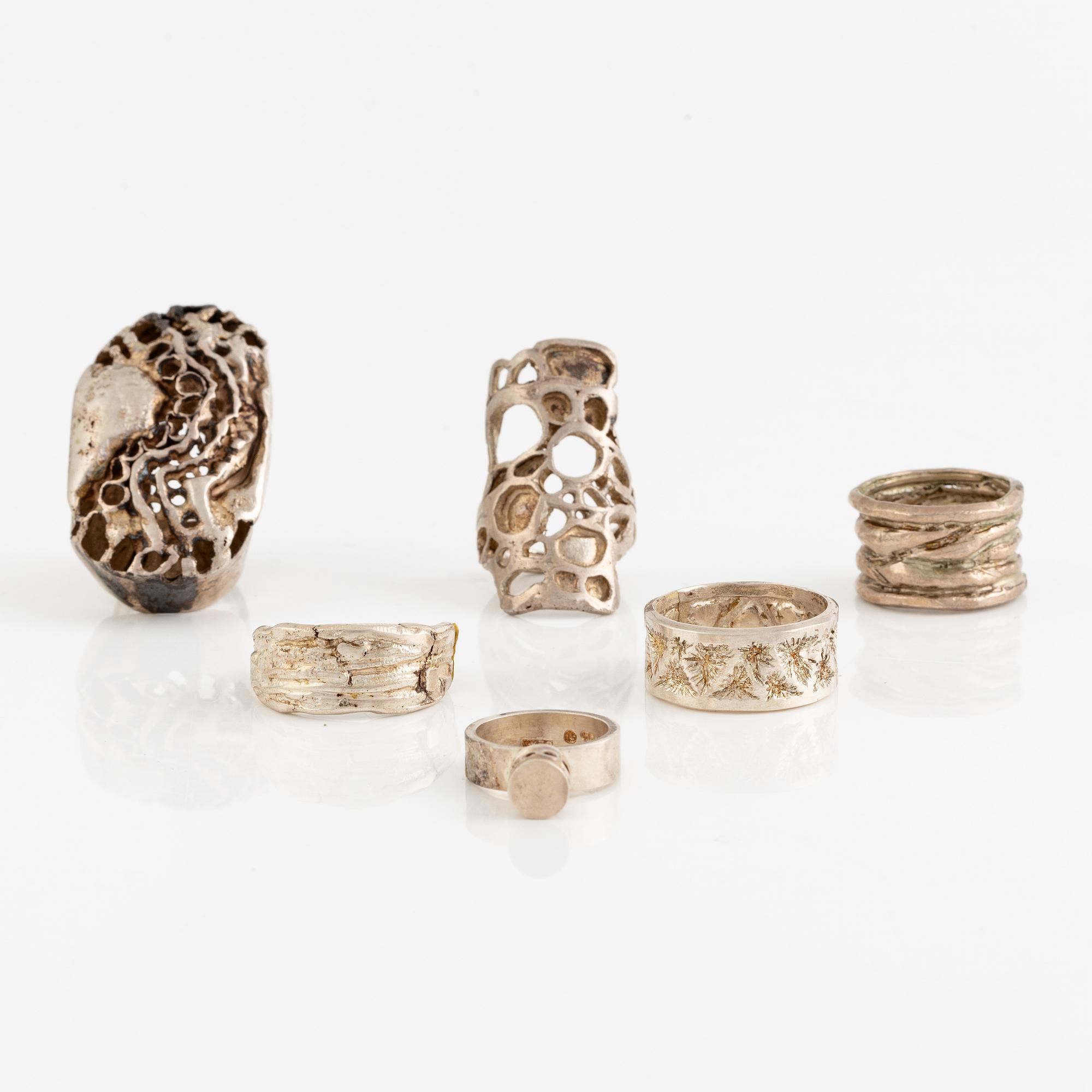 Lars Arby, six rings, silver, Gothenburg approx. 1966 and 1976.