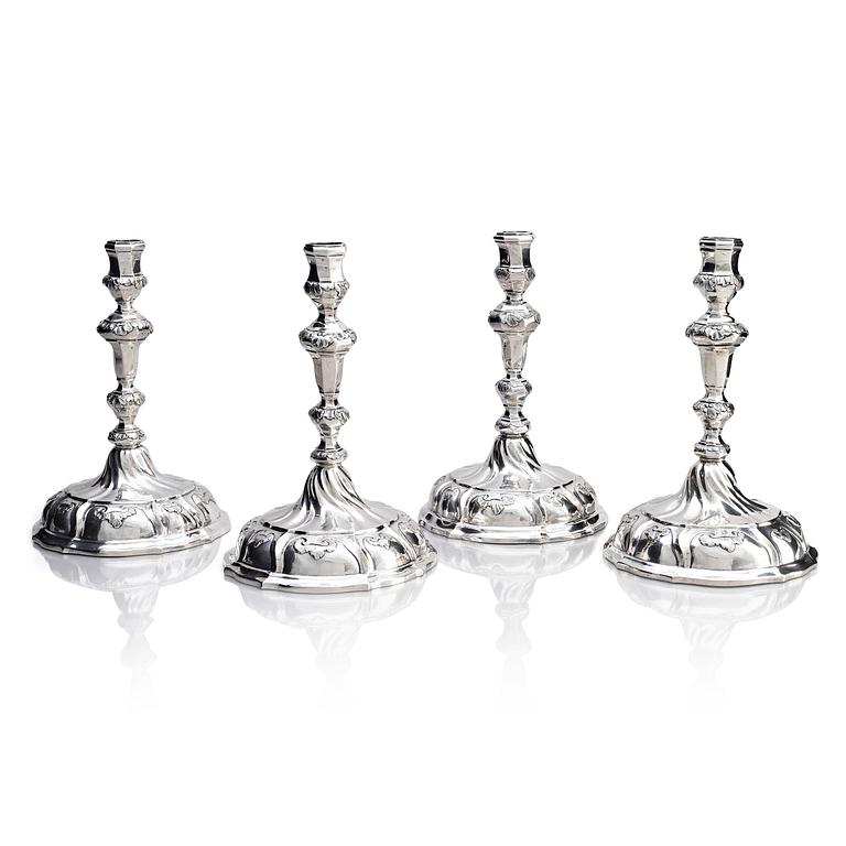 Four silver candlesticks, marks of Christian Drentwett II, Augsburg (1765-1767), two (1781-1783) and possibly (1743-45).