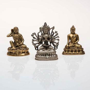 BUDDHA, BODHISATTVA och MILAREPA, 3 st skulpturer, mässing och vitmetall, Tibet, 1900-tal.