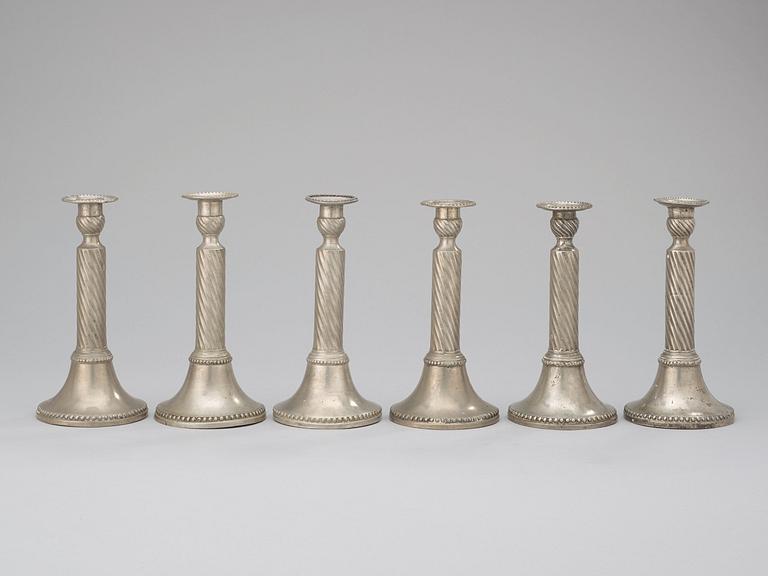 LJUSSTAKAR, sex stycken, av Eric Pettersson Krietz (mästare i Stockholm 1753-95/1805). Gustavianska.
