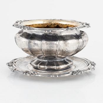 A Swedish Silver Rococo-Revival Sauce Bowl with Dish, mark of Gustaf Möllenborg, Stockholm 1847.