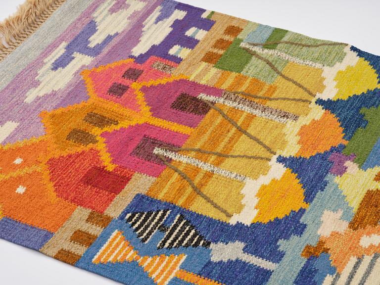 Ingegerd Silow, a wall hanging/rug, flat weave, 'Fiskeläge', signed IS, c. 122 x 85 cm.