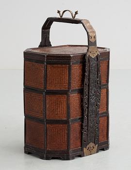 A Chinese 20th century wooden picnic basket.