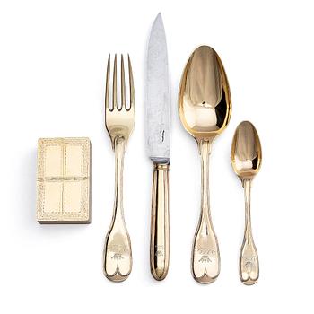 319. A set of five pieces gilt-silver travel cutlery, mark of Johan Abraham Hallard, Stockholm 1794.