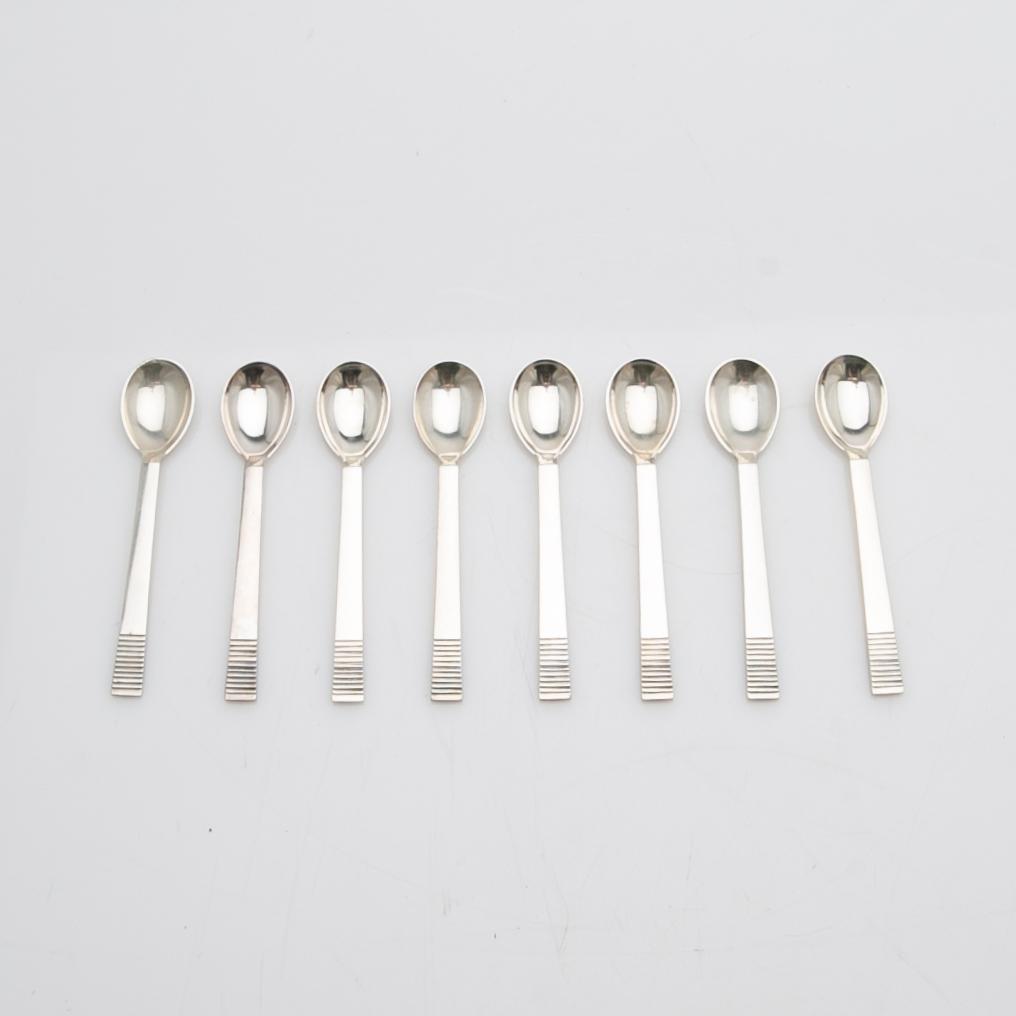 Georg Jensen, Teaspoons, 8 pieces, “Parallel”, silver, Denmark, mid-20th century.
