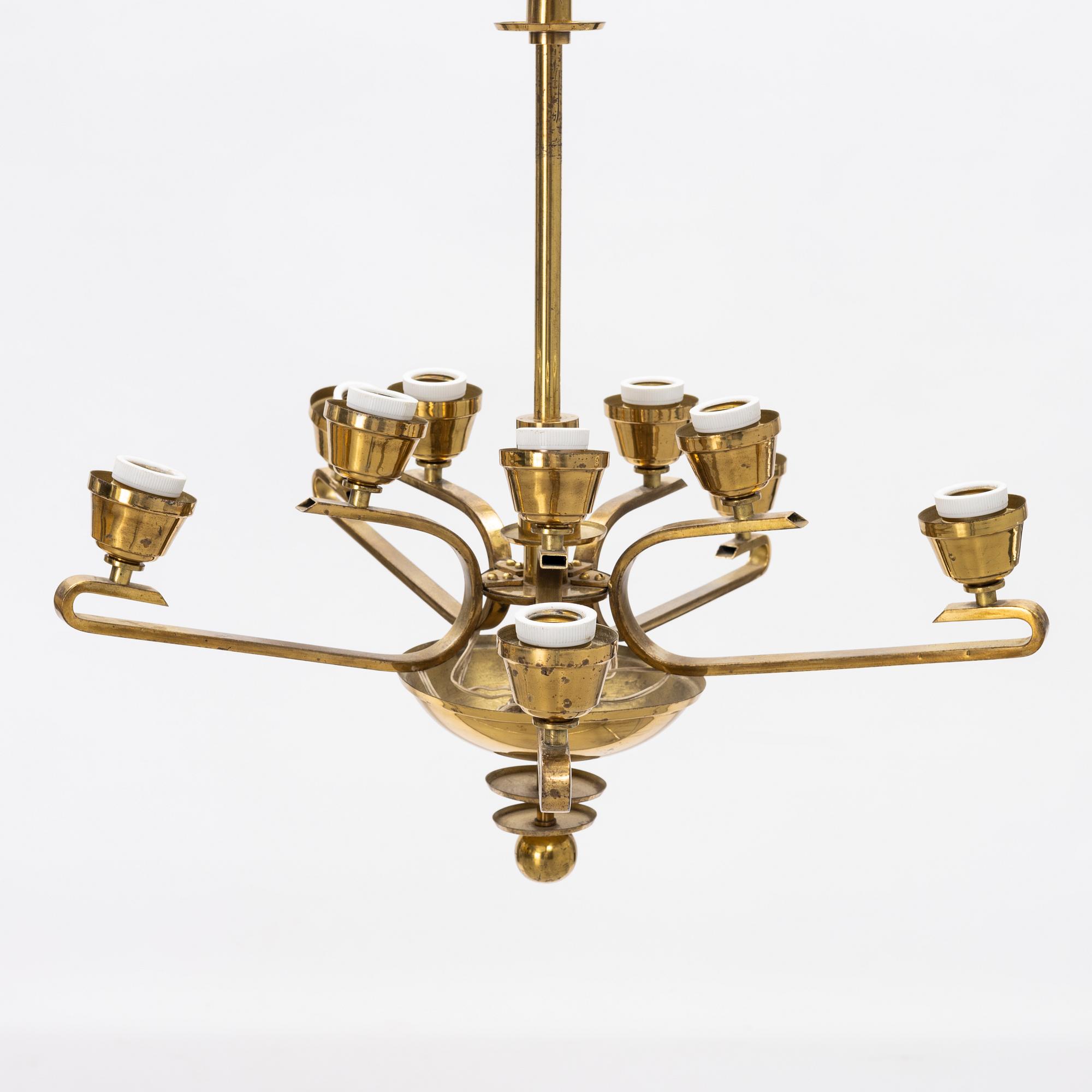 A ceiling brass lamp, ca 1930-/40's.