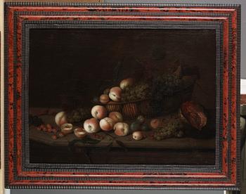 Michiels Simons (Simonis) Tillskriven, Stilleben med persikor, plommon, druvor och melon.