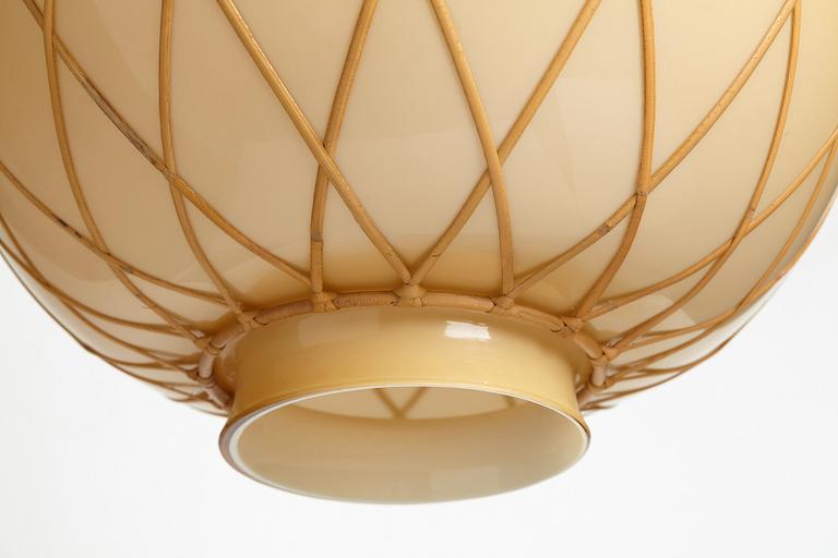 Harald Elof Notini, a vanilla coloured glass ceiling light with fretted rattan, Böhlmarks, Stockholm 1940's.