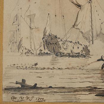 Willem van de Velde, attributed to, Coastal scene with fishermen and warships.