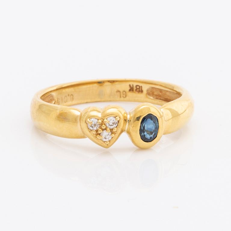 Pendant and ring, 18K gold with 2 sapphires and brilliant-cut diamonds 0,045 ct inscribed, chain gilded silver.