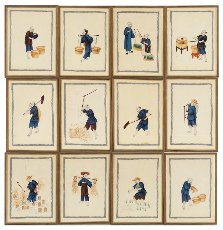 A group of twelve Chinese gouache paintings, late Qing dynasty / around 1900.