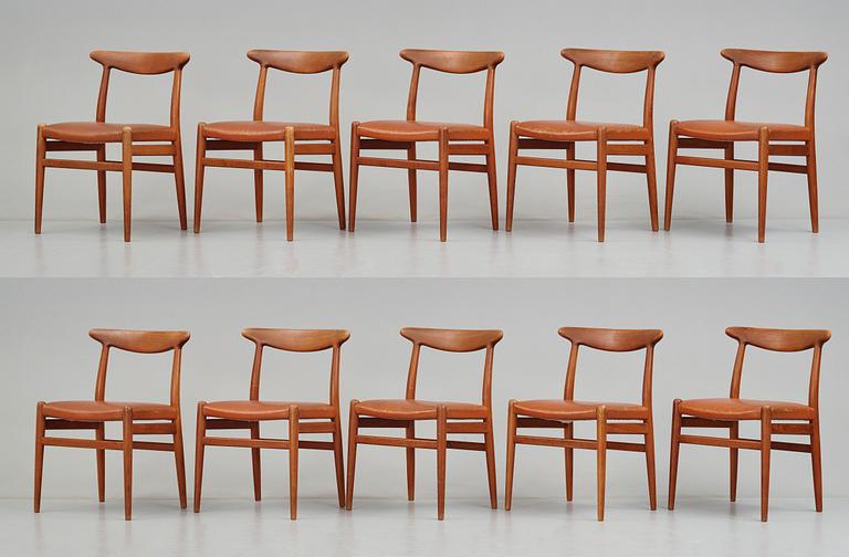 Hans J. Wegner, a set of 10 teak "W2" chairs, C M Madsen, Denmark, 1950's.