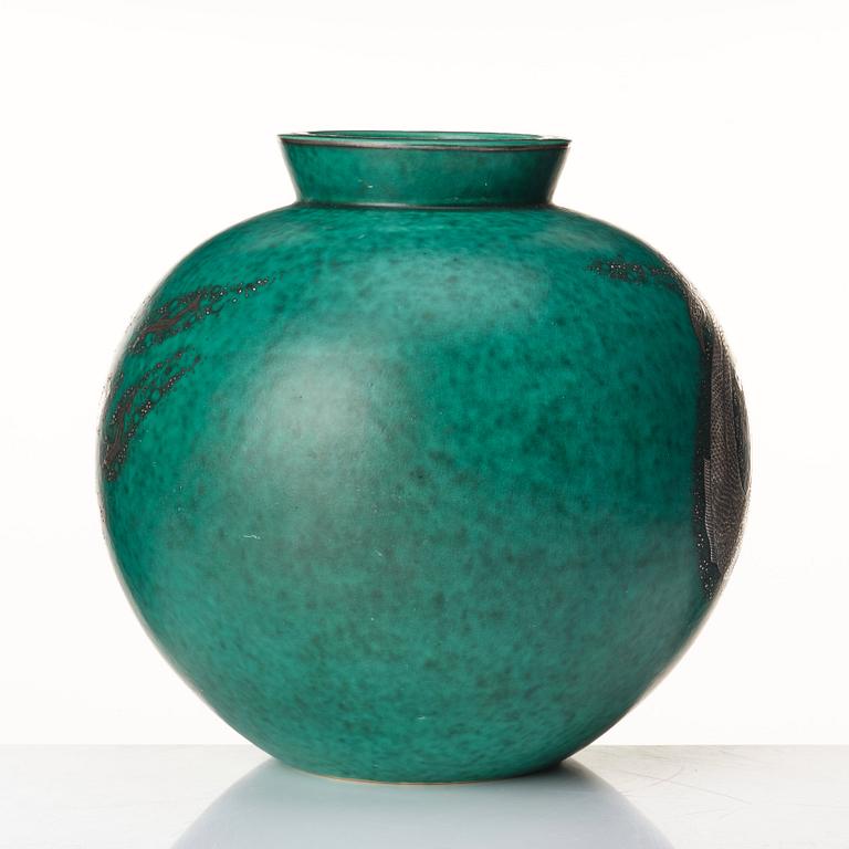 Wilhelm Kåge, a large green glazed stoneware "Argenta" vase, Gustavsberg 1948.