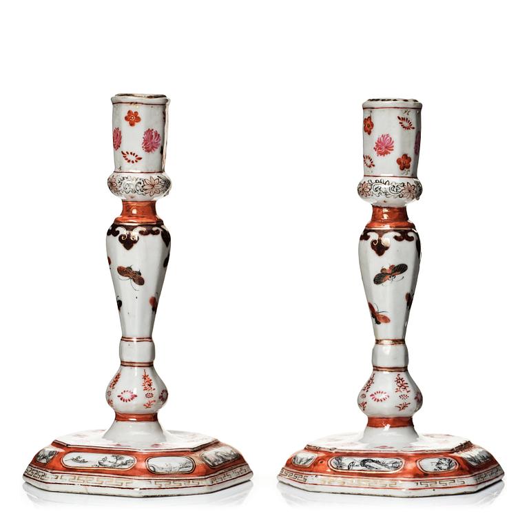 Ljusstakar, ett par, kompaniporslin. Qingdynastin, Qianlong (1736-95).