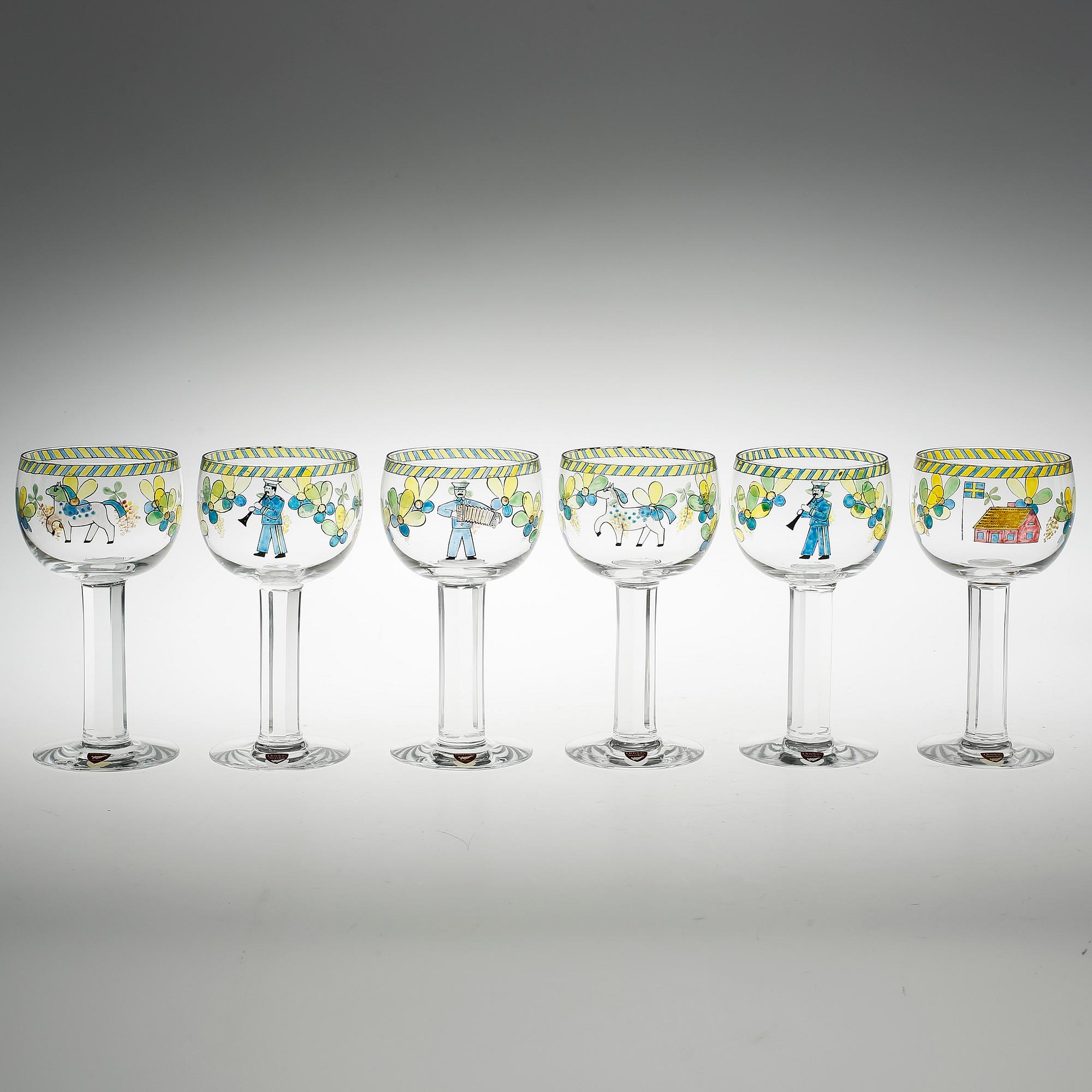 POKALER 6 st, Gunnar Cyrén, Orrefors, omkring 1970. Formgivna 1968. Emaljmålad dekor.