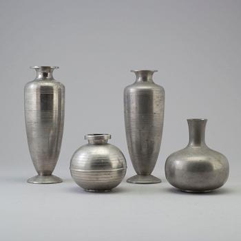 Four 1930s pewter vases, probably Sylvia Stave, two from CG Hallberg.