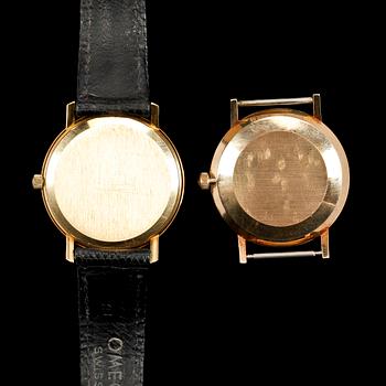 HERRARMBANDSUR, 2 st, 18k resp 14k guld, Omega resp Tissot.