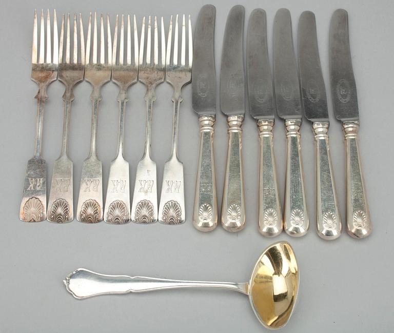 BESTICK, 13 delar, silver, "Musslan" ja "Chippendale", Tavastehus, Finland 1928 - 1976. Tot. vikt 580 g.