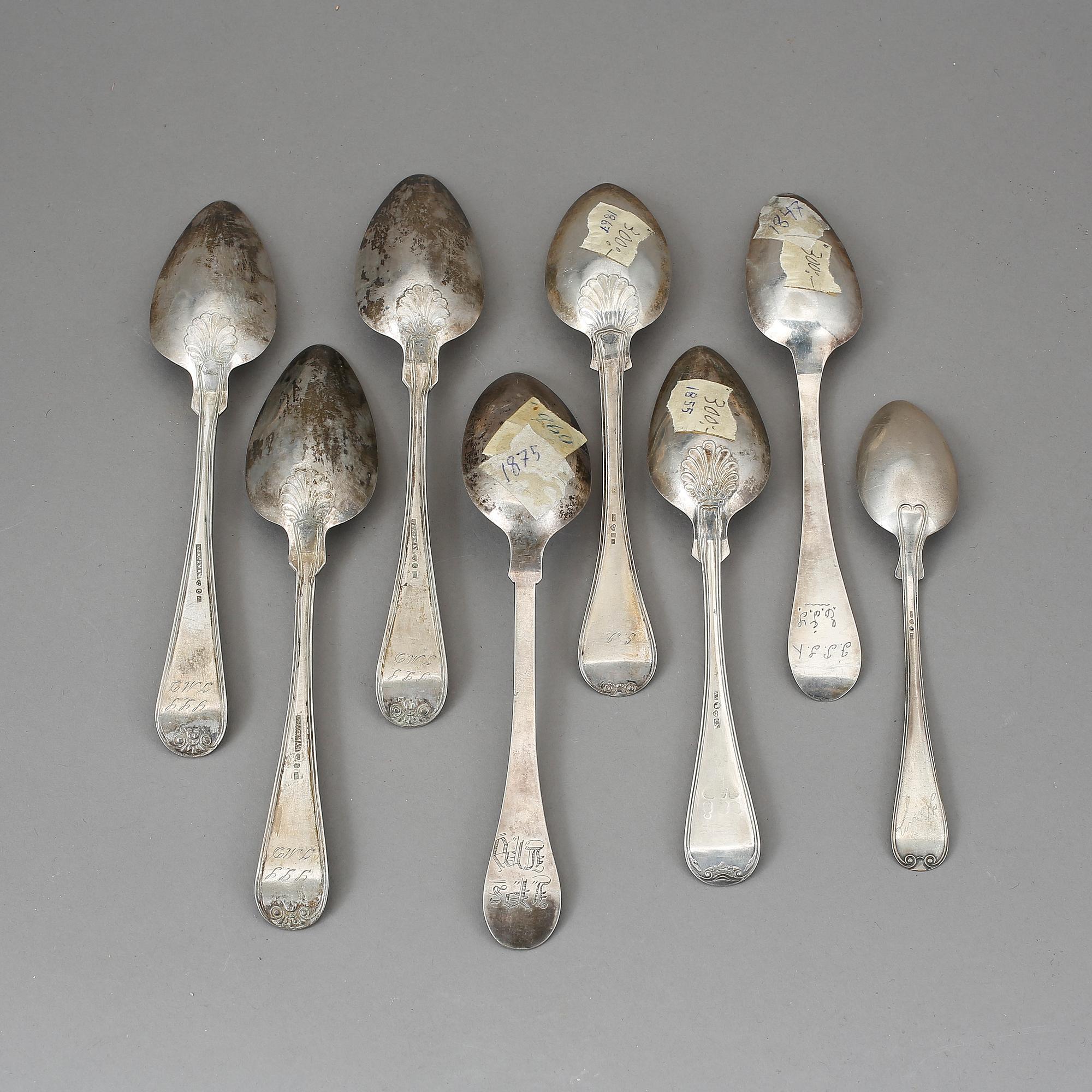 SKEDAR, 8 st, silver, Bl a A. Backman, Hudiksvall, 1800-tal. Vikt ca 367 gram.