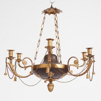 A late Gustavian ormolu and patinated bronze six-branch chandelier, Stockholm circa 1800.