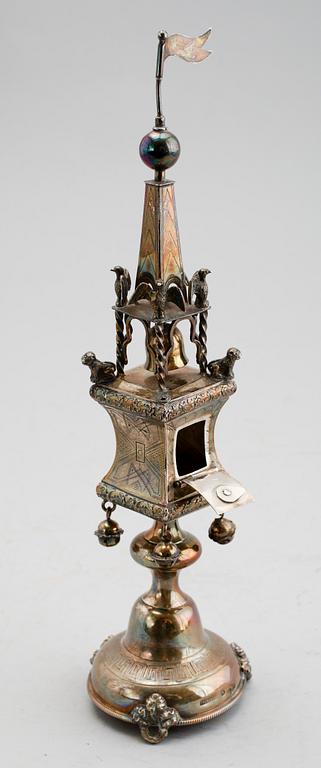 A Russian 19th century silver besamin-tower, makers mark of Swinarski, (St. Petersburg) 1876.