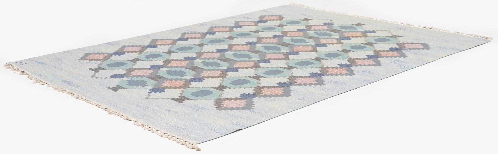 Judith Johansson, a carpet, 'Myosotis' ('Forget-me-not'), flat weave, c. 278 x 205 cm, signed JJ.