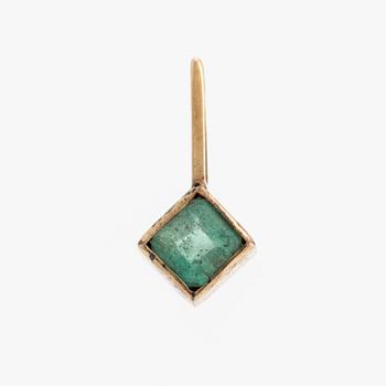 Earrings and pendant, triangular gold with emeralds and brilliant-cut diamonds.