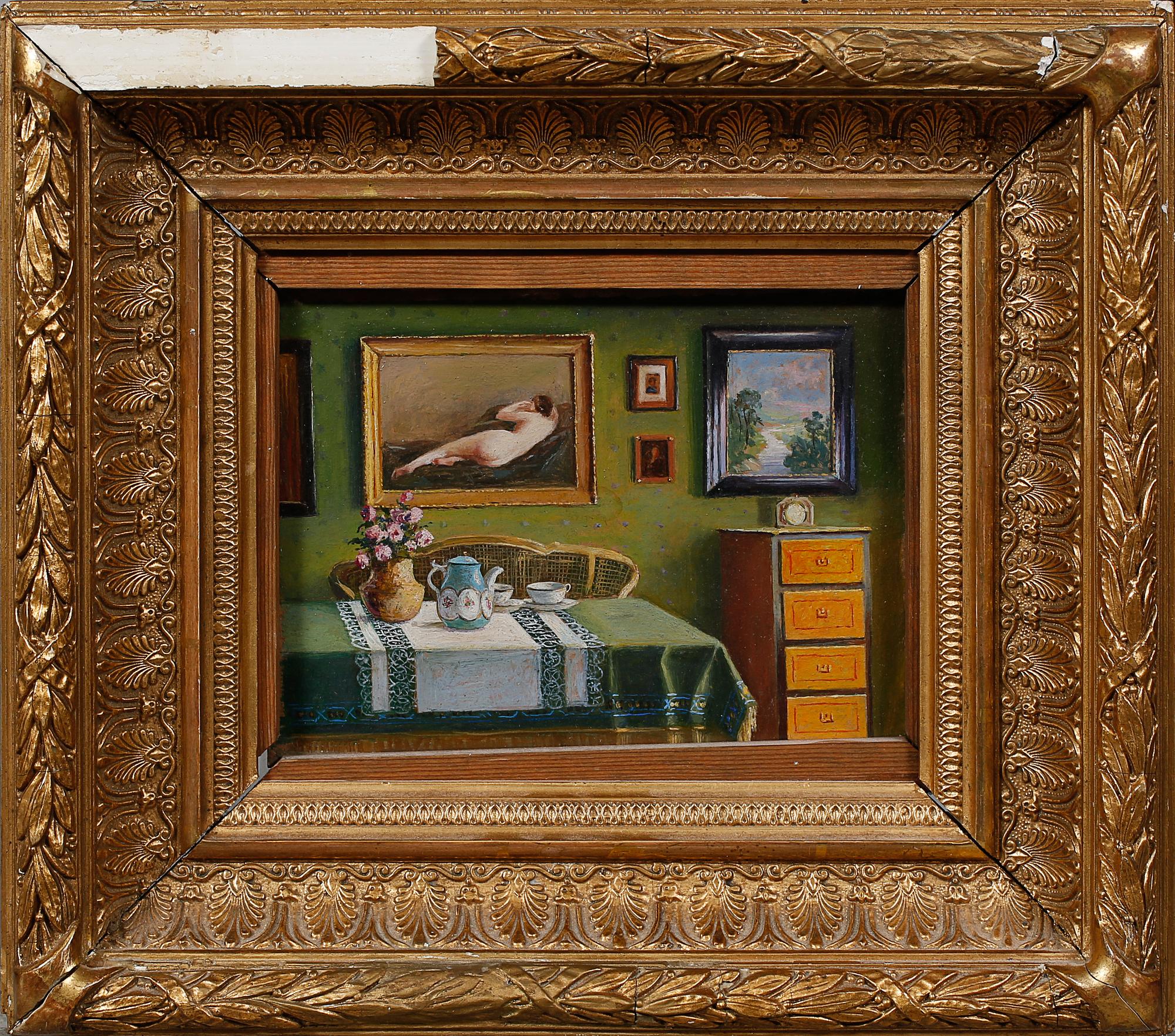 OKÄND KONSTNÄR, olja på pannå, otydligt signerad, 1900-talets början.