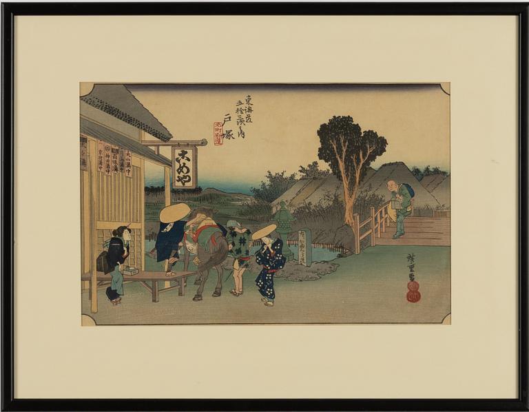 Ando Utagawa Hiroshige, after, three woodblock prints from two series, 20th century.