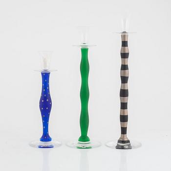 Anne Nilsson, candlesticks, 3 pcs, glass, "Celeste", Orrefors.