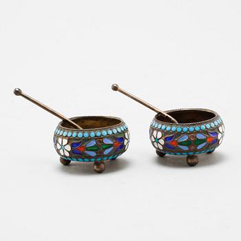 A pair of salt cellars with spoons, silver and enamel, Russia, around turn of the century 1900. Weight 42 g.