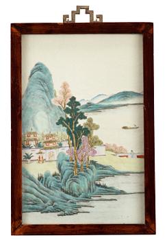 427. A plaque with enameled decor of a river scenery with buildings, Qing Dynasty, early 20th Century.